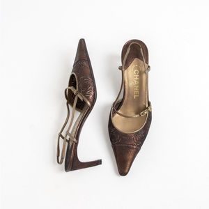 Chanel Bronze Camellia Slingback Heels
